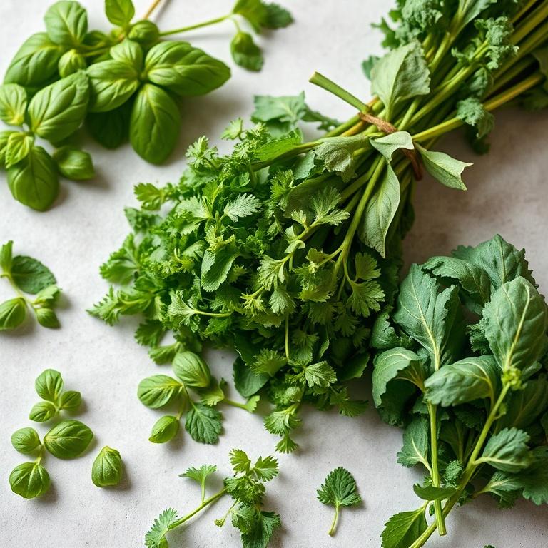 Bunches of fresh herbs and leafy greens