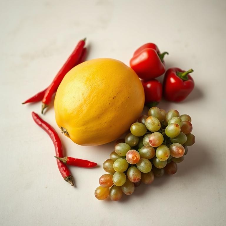 Chillies, vine grapes and yellow melon
